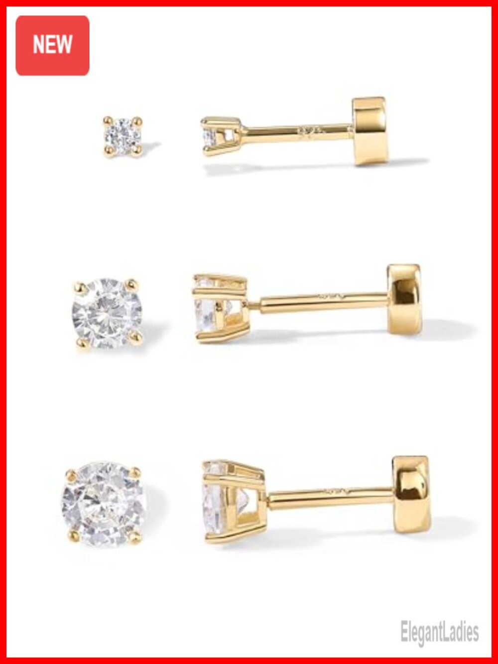 14K Gold Plated Flat Back Stud Earrings CZ Cartilage Set